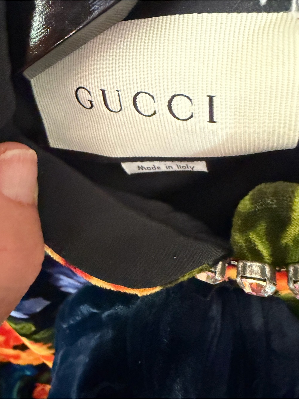 Gucci Multicolor Floral Velvet Dress With Jeweled Trim And Navy Velvet Bow - Picture 7 of 11